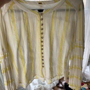 Free People Long Sleeve White and Yellow Striped Blouse Size Small